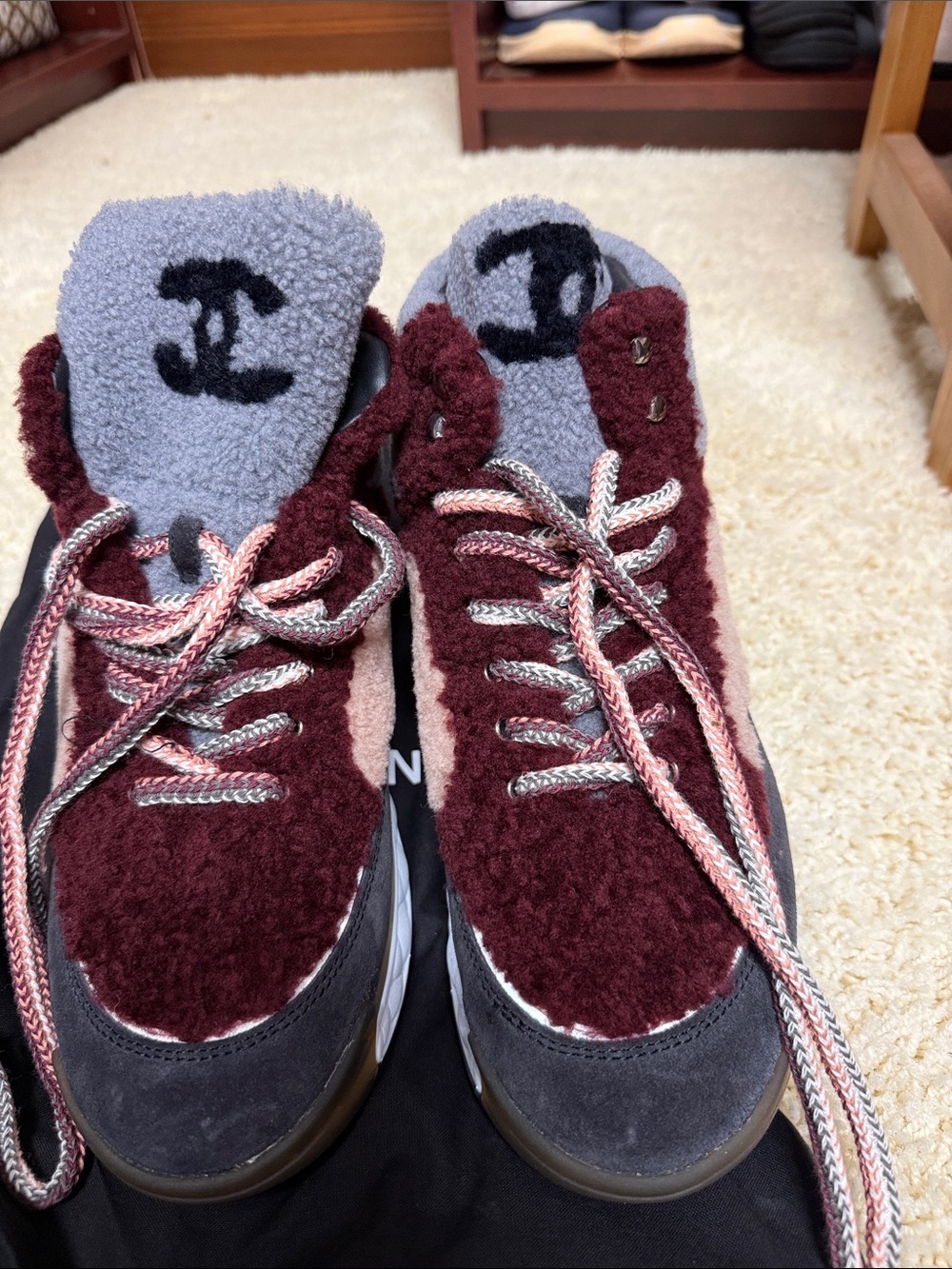 CHANEL Burgundy, Gray and Black Shearling Lace-Up Sneakers